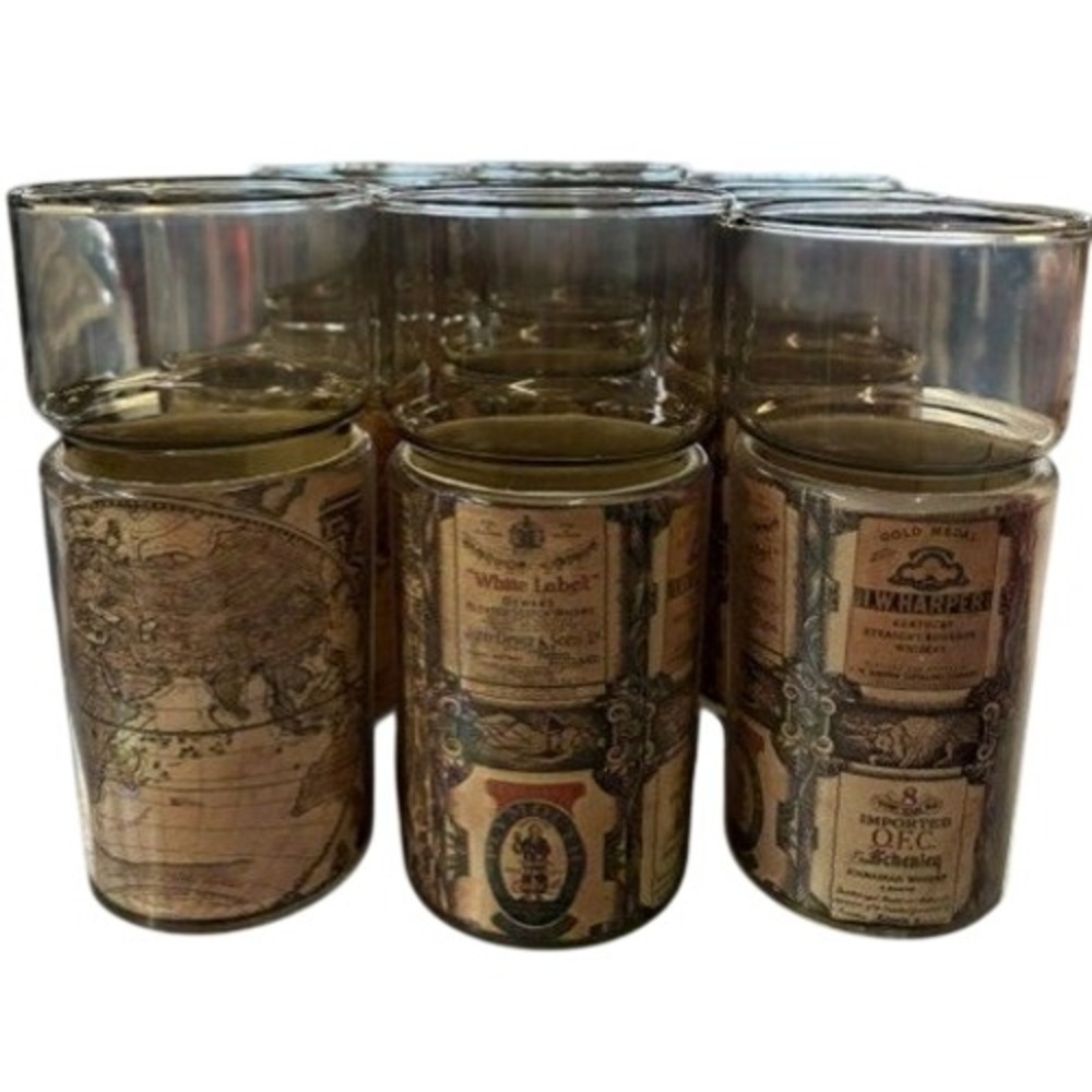 Vintage Kraftware Henry Miller Insulated Tumblers World Map Liquor Label Set 9